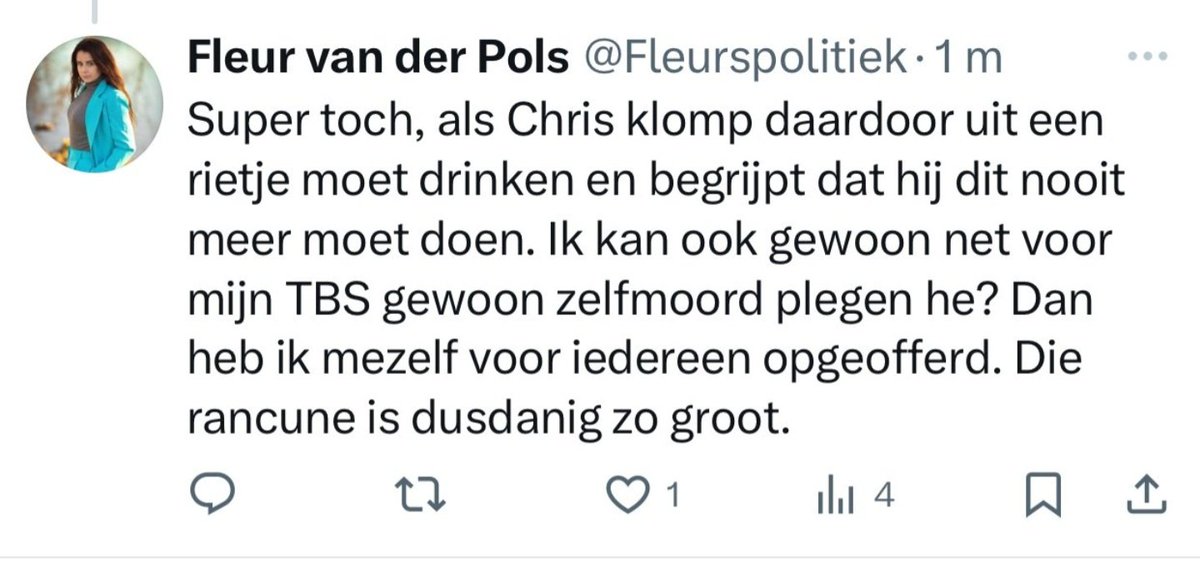 Beste <a href="/POL_Rotterdam/">Politie Eenheid Rotterdam eo</a> ,
Ik denk dat het de hoogste tijd wordt voor een bezoekje aan <a href="/Fleurspolitiek/">Fleur van der Pols</a> ...
Haar dreigementen worden met de dag extremer, tijd om in te grijpen!