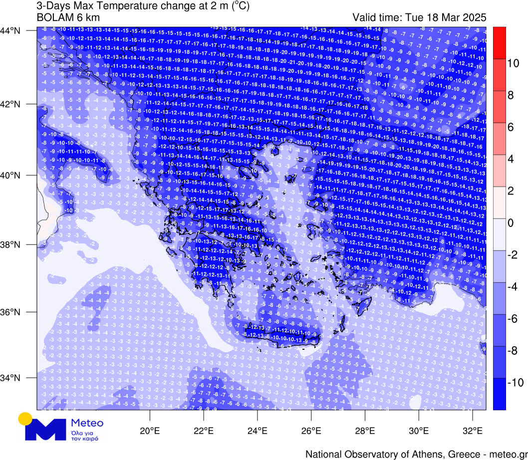 The forecast daily max temperature change between Tue 18.3 and Sunday 16.3
Saddly, there's going to be a great impact on agriculture.