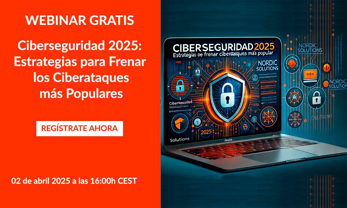 NordicSolution's tweet photo. ❗️𝗡𝗨𝗘𝗩𝗢 𝗪𝗘𝗕𝗜𝗡𝗔𝗥❗️

Ciberseguridad 2025: Estrategias para Frenar los Ciberataques más Populares

Exploraremos las amenazas más avanzadas...

👇¡Inscríbete ahora y da el paso hacia el futuro!👇
https://t.co/LgKkG9sLq8

#webinargratuito #ciberseguridad #ciberataques https://t.co/B8XhZBBgpl