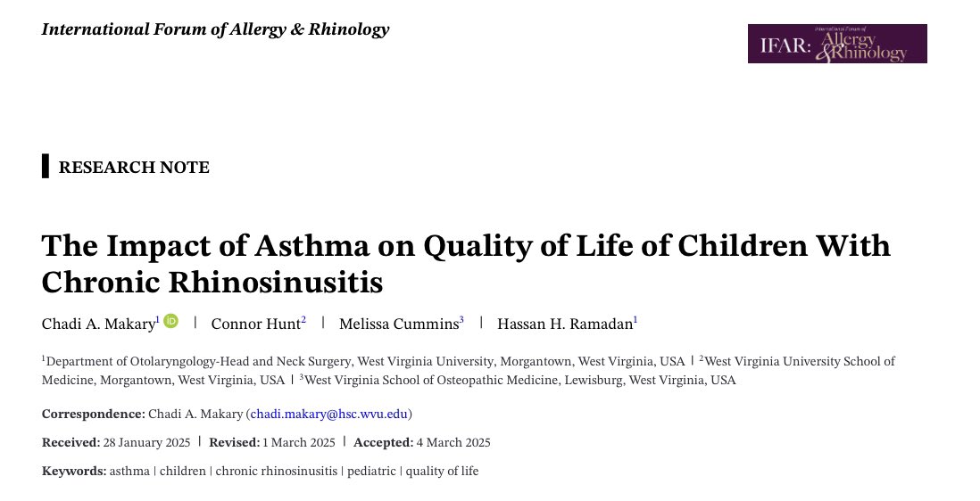 MakaryENT's tweet image. Asthma has been extensively studied in adult #chronic_rhinosinusitis but not so much in children. Our study fills in this knowledge gap. #pediatric_rhinology #asthma @WVUMedicine @WVUKids
onlinelibrary.wiley.com/doi/10.1002/al…