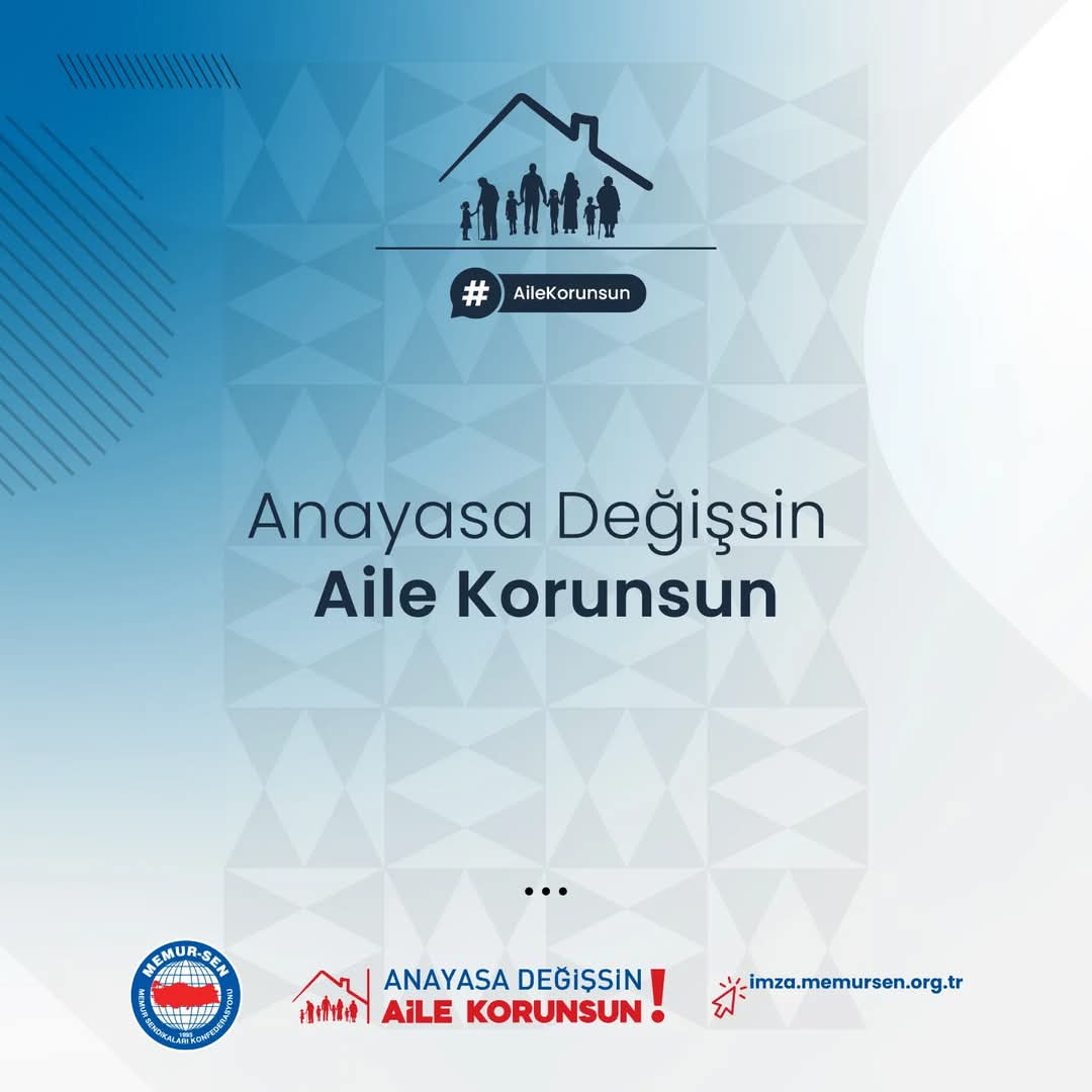 Güçlü aile, güçlü toplum demektir.
Aileyi koruman hepimizin görevidir.
Anayasa değişsin, aile korunsun.
#AileKorunsun
Kampanyaya destek olmak için: imza.memursen.org.tr