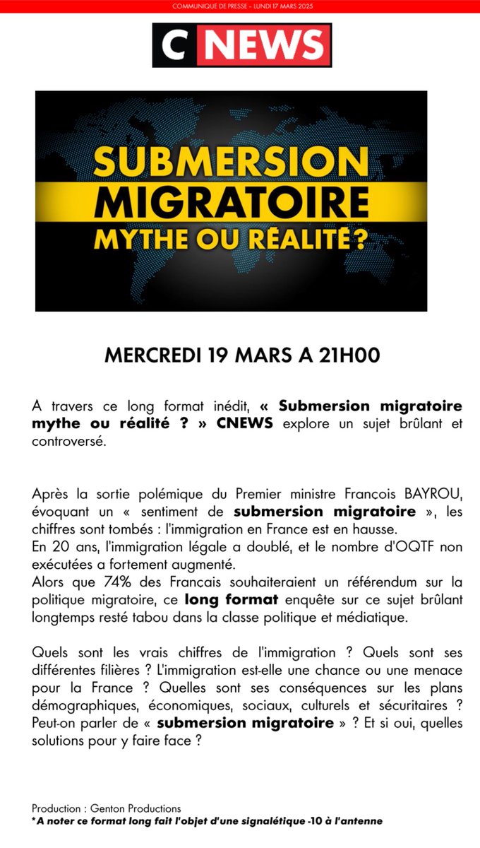🔴🆁🅴🅽🅳🅴🆉-🆅🅾🆄🆂 🆂🆄🆁 <a href="/CNEWS/">CNEWS</a>
 
📢À travers ce long format inédit « 𝗦𝗨𝗕𝗠𝗘𝗥𝗦𝗜𝗢𝗡 𝗠𝗜𝗚𝗥𝗔𝗧𝗢𝗜𝗥𝗘 𝗠𝗬𝗧𝗛𝗘 𝗢𝗨 𝗥𝗘́𝗔𝗟𝗜𝗧𝗘́ ? », <a href="/CNEWS/">CNEWS</a> explore un sujet brûlant et controversé

⏰Ce mercredi 19 mars à 21H

⤵️⤵️⤵️
