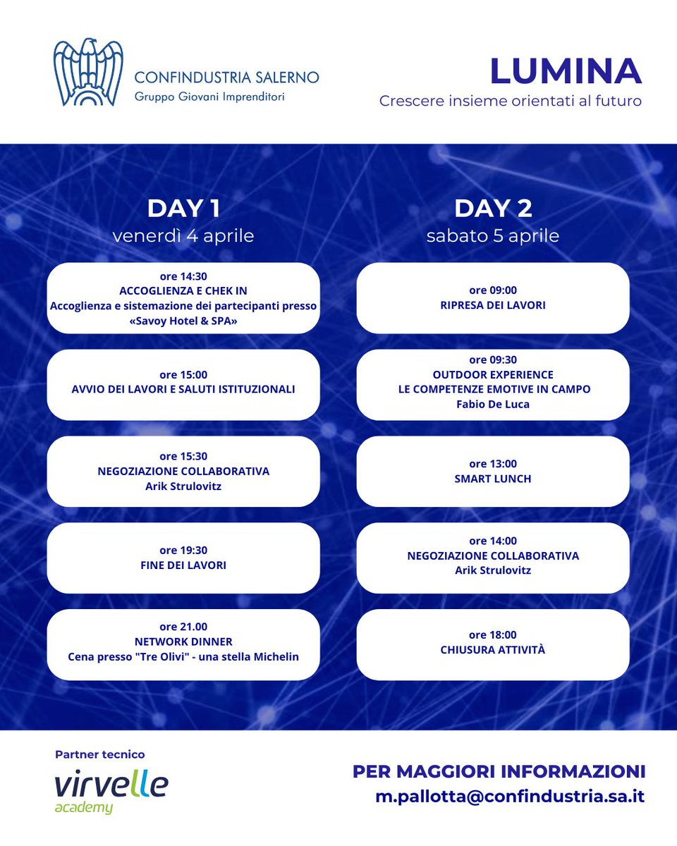 Torna #LUMINA il 4 e 5 aprile prossimi al <a href="/SavoyBeachHotel/">Savoy Beach Hotel</a> 
Scopri il programma completo organizzato insieme con Virvelle! 
Per maggiori info: 089 200 837 - m.pallotta@confindustria.sa.it
Sito: academy.virvelle.com/lumina-crescer…