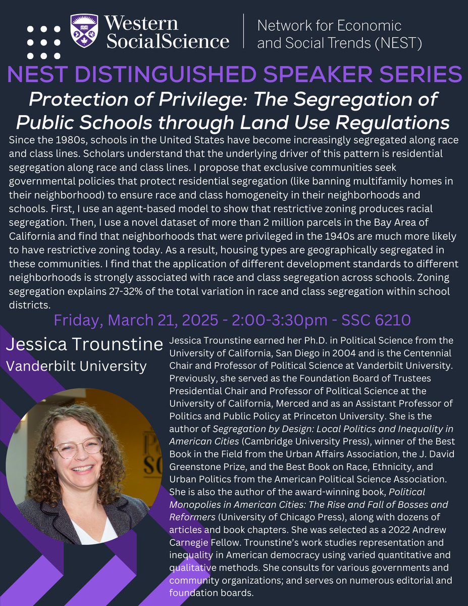 westernuNEST's tweet image. 📢 Join us for the NEST Distinguished Speaker Series featuring Jessica Trounstine (Vanderbilt University)!
📅 Friday, March 21, 2025
⏰ 2:00 PM
📍 SSC 6210
Don&apos;t miss this insightful talk! #NESTSpeakerSeries #AcademicTalks