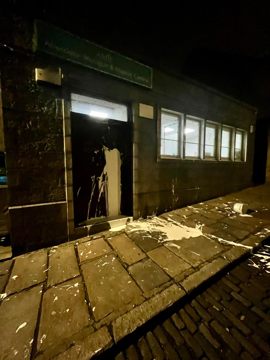 ZaraM01's tweet photo. Deeply saddened by last night’s incidents at Spital Mosque in Aberdeen, paint thrown at the door and a rock through the window. 

Despite this hate, local neighbours came together to clean up, showing unity and solidarity. This is the true spirit of community, especially during Ramadan.  

It is disheartening that mosques must increasingly strengthen security amid rising Islamophobia and real risks to worshippers.