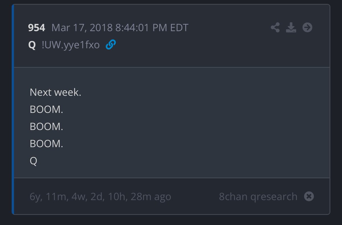 ThankQ17171's tweet photo. @PapiTrumpo March 17 a 3/17
Q Deltas 

No doubt @POTUS is part of Q 

What day is today?
How much more obvious can we make it?
Q

Next week.
BOOM.
BOOM.
BOOM.
Q

Keep fighting. https://t.co/tyj1xIGuZn