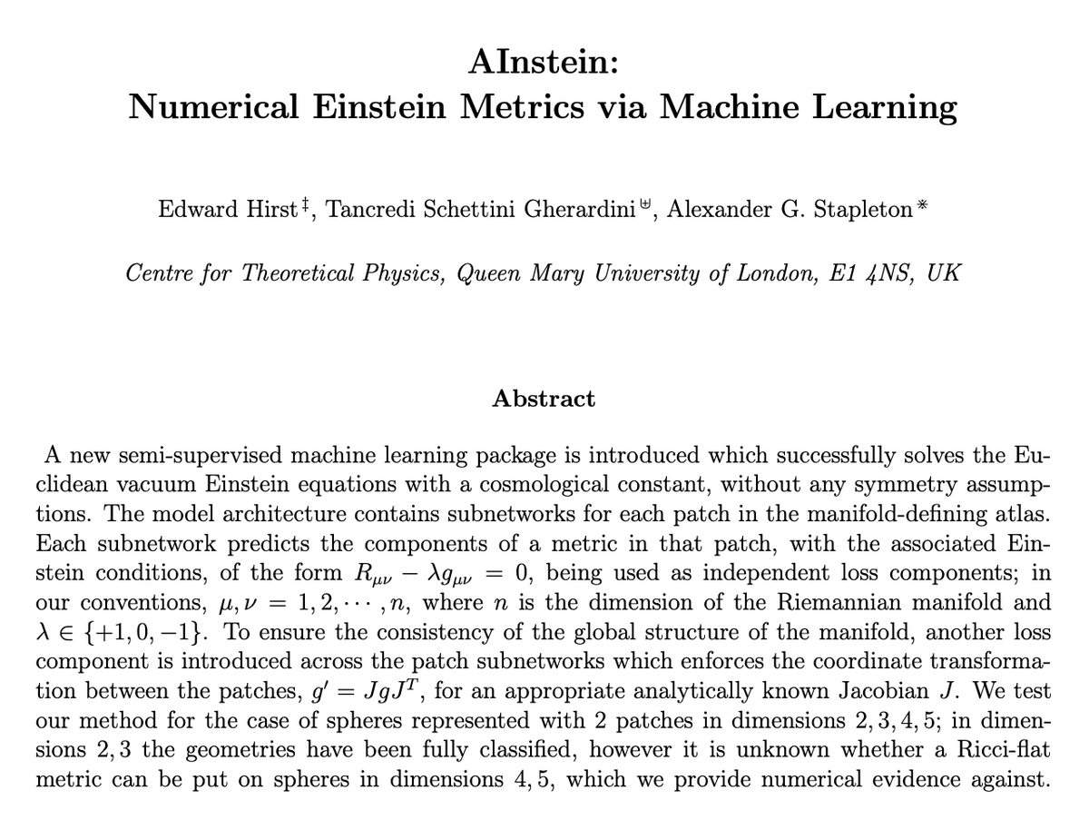 edghirst's tweet photo. AInstein: Highlighting a recent paper using AI to search for and approximate Einstein metrics on Spheres, providing new numerical insight into existence of Ricci-flat metrics on S^4 &amp; S^5...
https://t.co/hb5oGxz5yH https://t.co/SkrBHu4IGv
