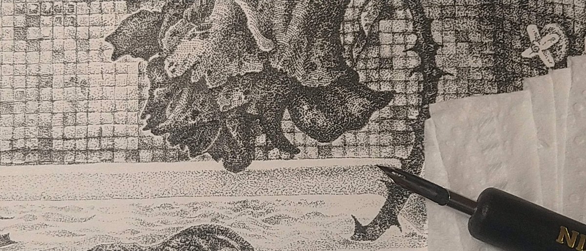 細部拡大。黒インク一色の点描画。 