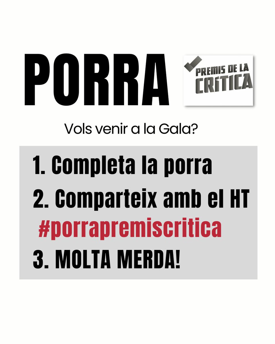 Recomana.cat (@recomana_) on Twitter photo 📢 Vols venir a la gala dels #premisdelacritica dilluns 24 de març a les 19h al <a href="/Teatre_Romea/">Teatre Romea</a>?
✊🏼 Participa en la #porrapremiscritica i guanya invitacions!
⏰ Pots participar fins dijous a les 12h del matí!
Molta 💩💩💩!
🔗 forms.gle/4qrkhv2vJpDeh3… 📢 Vols venir a la gala dels #premisdelacritica dilluns 24 de març a les 19h al <a href="/Teatre_Romea/">Teatre Romea</a>?
✊🏼 Participa en la #porrapremiscritica i guanya invitacions!
⏰ Pots participar fins dijous a les 12h del matí!
Molta 💩💩💩!
🔗 forms.gle/4qrkhv2vJpDeh3…