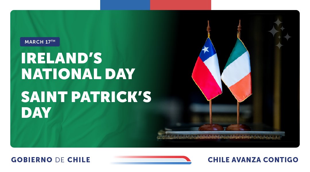 Chile greets the Republic of Ireland on the celebration of its national festivities, which commemorate St. Patrick and the founding of its nation. 
Both countries share more than 30 years of bilateral relations, marked by cooperation as well as democratic values. 🇨🇱🤝🇮🇪