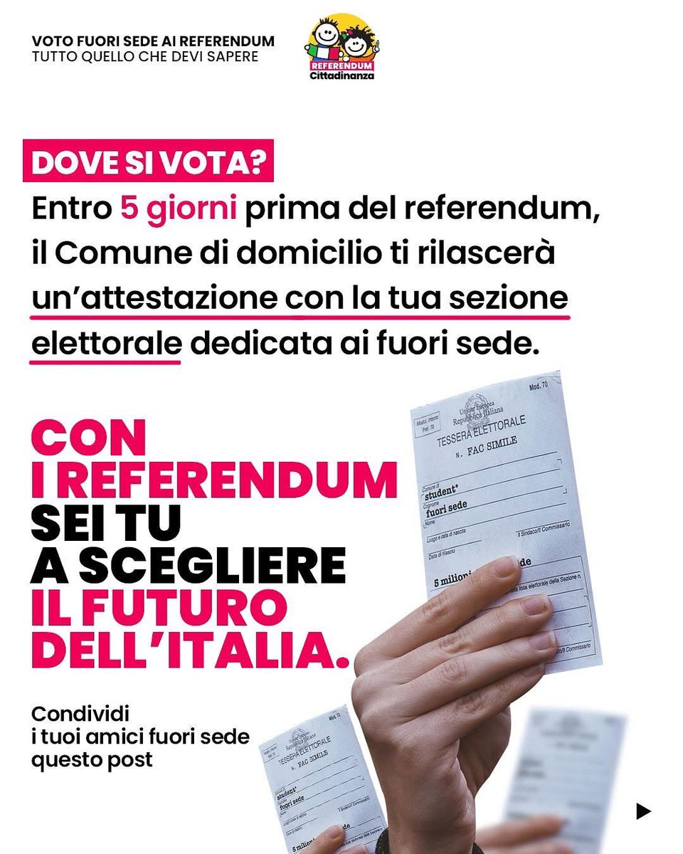Hai tempo fino al 5 maggio per chiedere di votare #fuorisede i referendum dell’8 e 9 giugno per motivi di lavoro, studio o cura.

Il Consiglio dei Ministri ha accolto la nostra richiesta e ha fissato i tempi per richiedere di votare nella città in cui vivi.