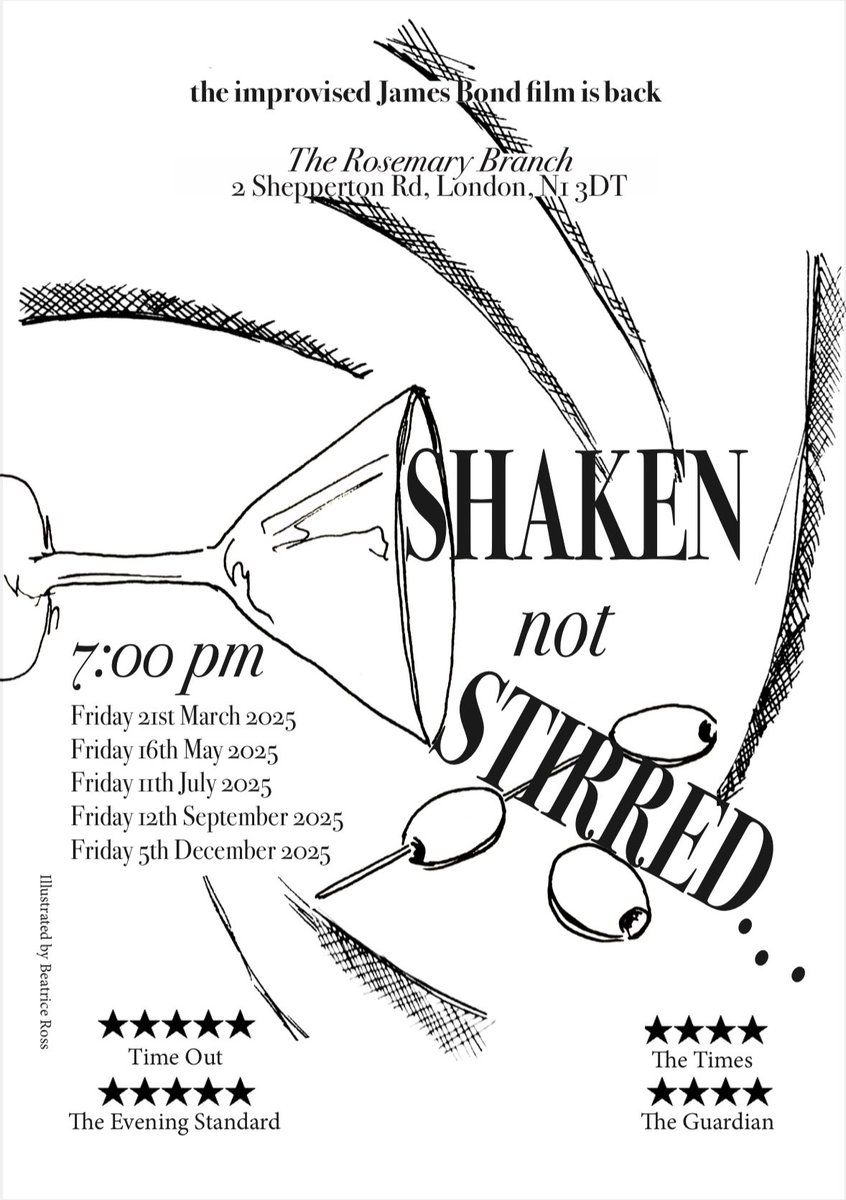 This Friday we present : the UK’s one and only improvised 007 film. For your eyes only.

21 March, 7-8pm, Rosemary Branch Theatre, London.

“Quite simply the funniest show I’ve seen at the Fringe” - <a href="/edfringe_review/">EdFringeReview</a>

Tickets on sale NOW 🎟️: rosemarybranchtheatre.co.uk/show/shaken-no…

Moneypenny x