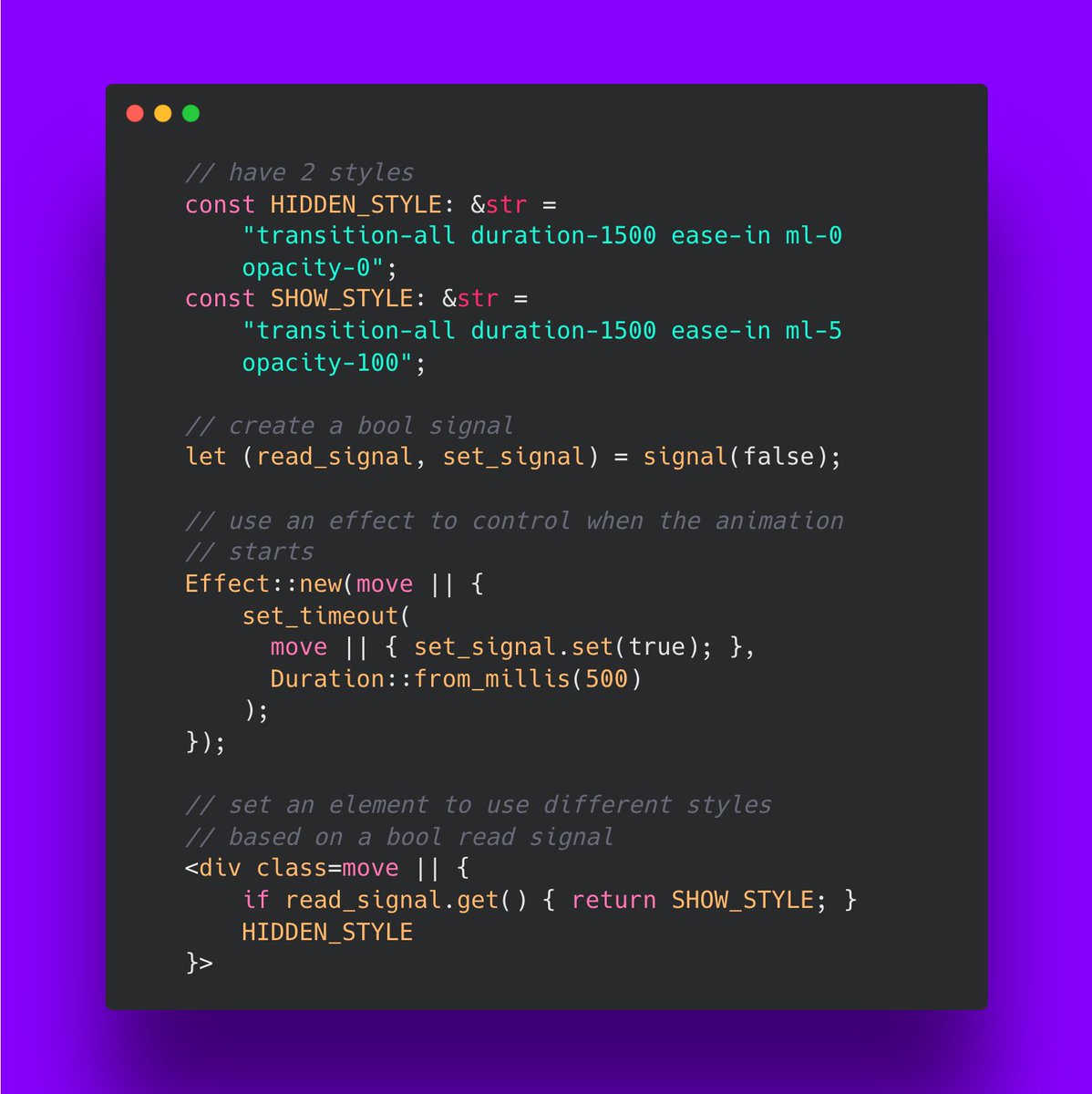 Btw to do this MonitorBolt animation (or similar) in TailwindCSS + Leptos #rustlang, all you have to do is: 

(Notice how the main difference between the 2 styles are the position of the element. Useful for translate animations)

#buildinpublic