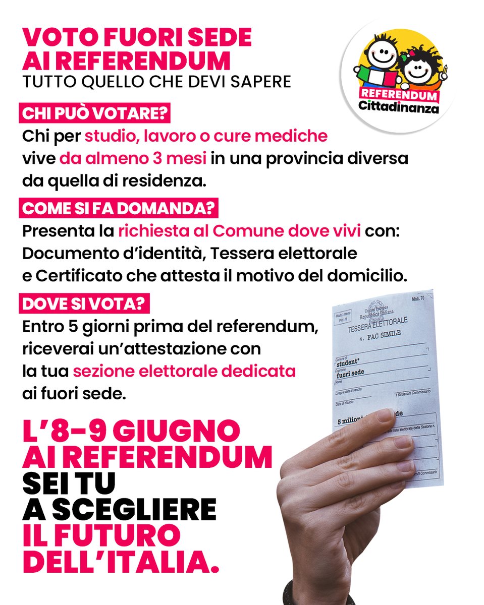 🗳️ Voto fuori sede al #ReferendumCittadinanza: puoi chiederlo entro il 5 maggio!

L’8 e 9 giugno puoi votare nella città in cui vivi per studio, lavoro o cure.

📢 Diffondiamo e rincondividiamo il messaggio! Dobbiamo raggiungere 5 milioni di persone in pochi giorni.