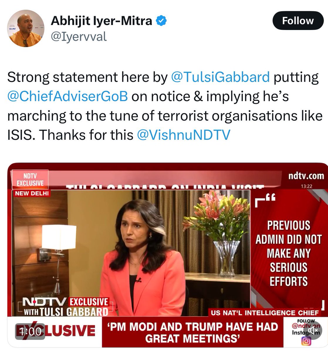 Jon Danilowicz (@jonfdanilowicz) on Twitter photo This spin is simply not true. <a href="/DNIGabbard/">DNI Tulsi Gabbard</a> clearly talks about longstanding US concerns in Bangladesh which pre-date the July Revolution. She has spoken out in the past about violence against minorities during Hasina’s tenure and even co-sponsored a Congressional resolution on This spin is simply not true. <a href="/DNIGabbard/">DNI Tulsi Gabbard</a> clearly talks about longstanding US concerns in Bangladesh which pre-date the July Revolution. She has spoken out in the past about violence against minorities during Hasina’s tenure and even co-sponsored a Congressional resolution on