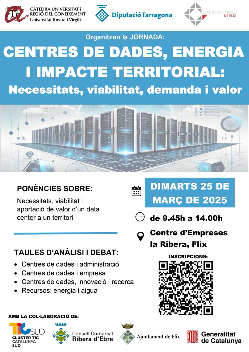 La Càtedra Universitat i Regió de Coneixement organitza dimarts, 25 de març, a Flix, la jornada: “Centre de dades, energia i impacte territorial: necessitats, viabilitat, demanda i valor”.<a href="/universitatURV/">Universitat Rovira i Virgili</a> <a href="/Dipta_cat/">Diputació de Tarragona</a> <a href="/TICSud/">Clúster TIC Catalunya Sud</a>  <a href="/AjuntamentFlix/">Ajuntament de Flix</a> <a href="/gencat/">Generalitat de Catalunya</a> <a href="/ccriberaebre/">Consell Comarcal de la Ribera d’Ebre</a> @ViverFlix