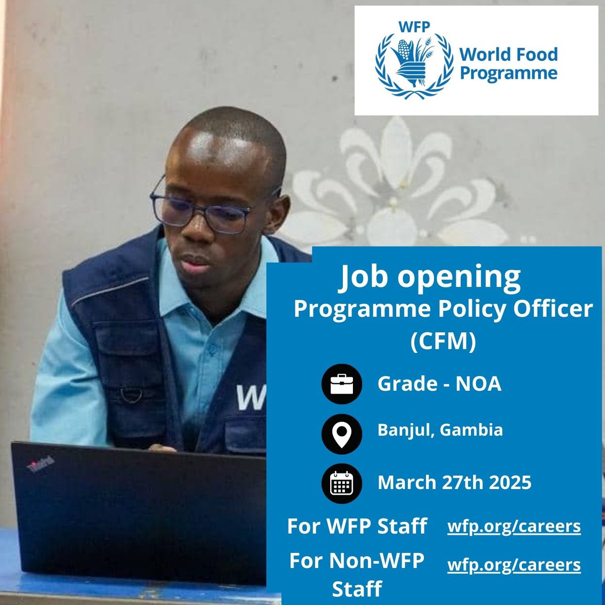 WFP_TheGambia's tweet photo. 📢 We are Hiring!!

Join us @WFP_TheGambia to #SaveLives and #ChangeLives in The Gambia.

Apply for 
PROGRAM POLICY OFFICER (CFM), NOA 
Before March 27, 2025.

👉🏾 https://t.co/q1gqg3OV2c https://t.co/B0NDISGoHe
