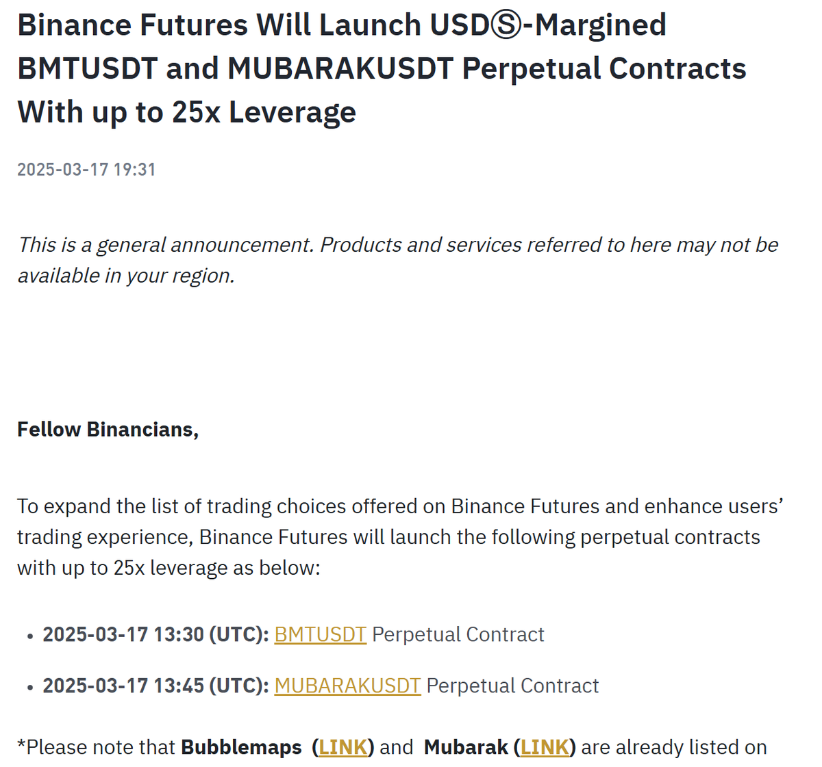 Binance フューチャーズ、 $BMT / $USDT と $MUBARAK / $USDT の無期限先物を提供開始📢 -  03月17日の取引開始時間⏰ - $BMT / $USDT ：22時30分 - $MUBARAK / $USDT ：22時45分 -  両取引ペアとも最大25倍のレバレッジに対応💹 - 両トークンは以前 #Binance アルファ ...