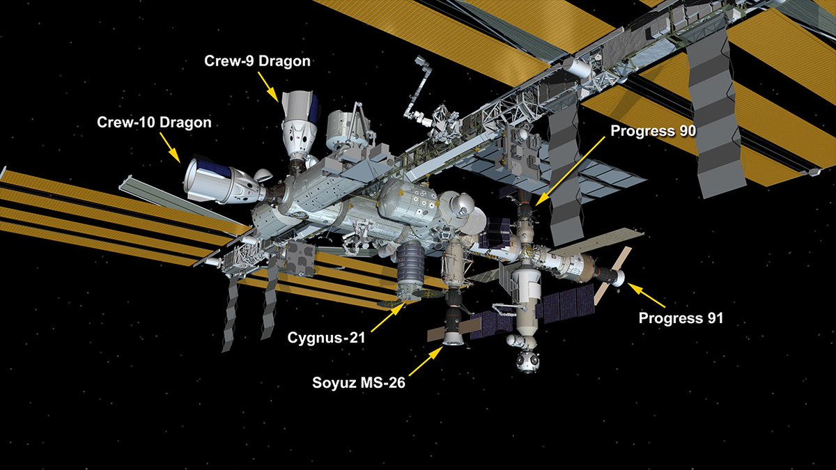 Txifliti's tweet photo. Nazioarteko Espazio Estazioa-ren egungo egitura: 

#CygnusNG21
#SoyuzMS26
#Crew9
#ProgressMS29 (#Progress90)
#ProgressMS30 (#Progress91)
#Crew10

#72Espedizioa #Espazioa #LurOrbita https://t.co/cXOfiN1st9