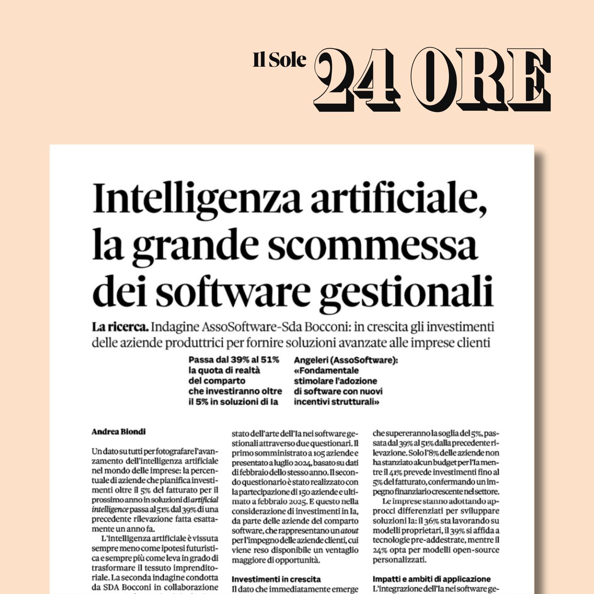 UTOPIA - Public Policy, Advocacy & Communication (@utopia_lab) on Twitter photo 📈 Cresce l’investimento in #IA: il 51% delle aziende prevede di spendere oltre il 5% del fatturato nel prossimo anno (vs 39% a luglio).
🔎 Lo rivela uno studio <a href="/sdabocconi/">SDA Bocconi</a> e <a href="/Assosoftware/">Assosoftware</a> su 250+ aziende. Settori più coinvolti e trend nell’articolo di <a href="/An_Bion/">Andrea Biondi</a> su <a href="/sole24ore/">IlSole24ORE</a>. 📈 Cresce l’investimento in #IA: il 51% delle aziende prevede di spendere oltre il 5% del fatturato nel prossimo anno (vs 39% a luglio).
🔎 Lo rivela uno studio <a href="/sdabocconi/">SDA Bocconi</a> e <a href="/Assosoftware/">Assosoftware</a> su 250+ aziende. Settori più coinvolti e trend nell’articolo di <a href="/An_Bion/">Andrea Biondi</a> su <a href="/sole24ore/">IlSole24ORE</a>.