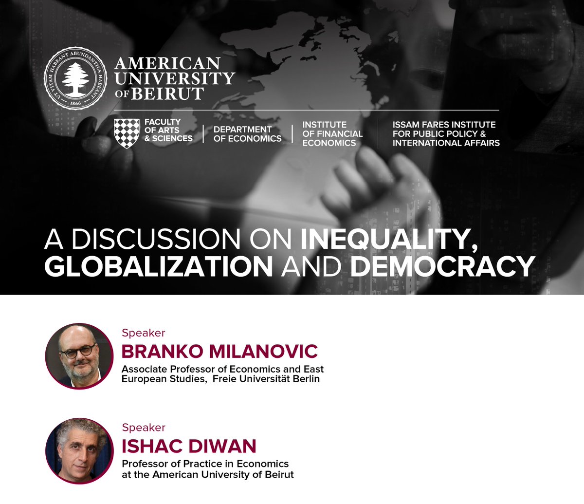 IFI at AUB (@ifi_aub) on Twitter photo 📹The full recording of last week's discussion on "Inequality, Globalization and Democracy" with <a href="/BrankoMilan/">Branko Milanovic</a> and <a href="/ishacdiwan/">Ishac Diwan</a> is now available on our Youtube Channel!
This event was held in collaboration with <a href="/fas_aub/">Faculty of Arts and Sciences at AUB</a>'s Department of Economics, and the Institute of Financial 📹The full recording of last week's discussion on "Inequality, Globalization and Democracy" with <a href="/BrankoMilan/">Branko Milanovic</a> and <a href="/ishacdiwan/">Ishac Diwan</a> is now available on our Youtube Channel!
This event was held in collaboration with <a href="/fas_aub/">Faculty of Arts and Sciences at AUB</a>'s Department of Economics, and the Institute of Financial