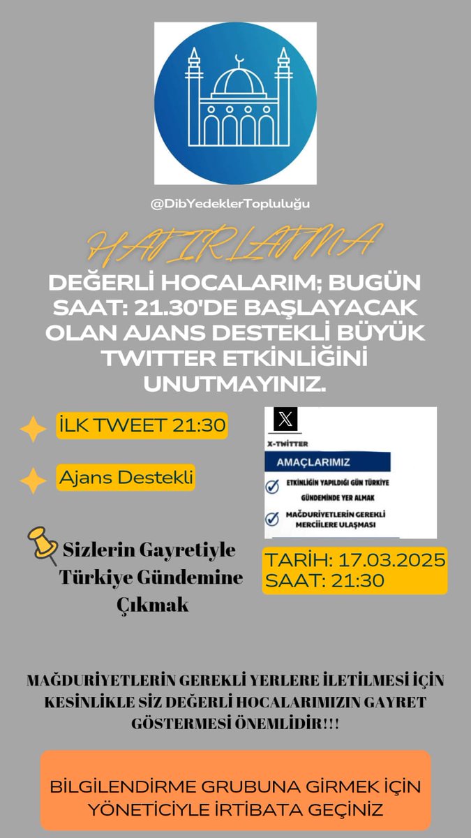 🇹🇷 SAYIN DİYANET İŞLERİ BAŞKANIMIZ <a href="/DIBAliErbas/">Prof. Dr. Ali Erbaş</a>

Biz imam hatip mülakatını başarıyla geçmiş fakat kontenjan yetersizliği yüzünden Yedekte kalmış imam adayları olarak , ülkemiz ve milletimiz adına sizden önemli bir talebimiz var:
Boş kalan camilerimizin acil personel ihtiyacının