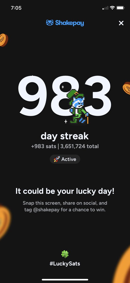 crypto_jh's tweet image. Hey @shakepay today is March 17 and I am 17 days away from a 1000 day streak. Could this be my lucky day? #luckysats
Shaketag: johnh
