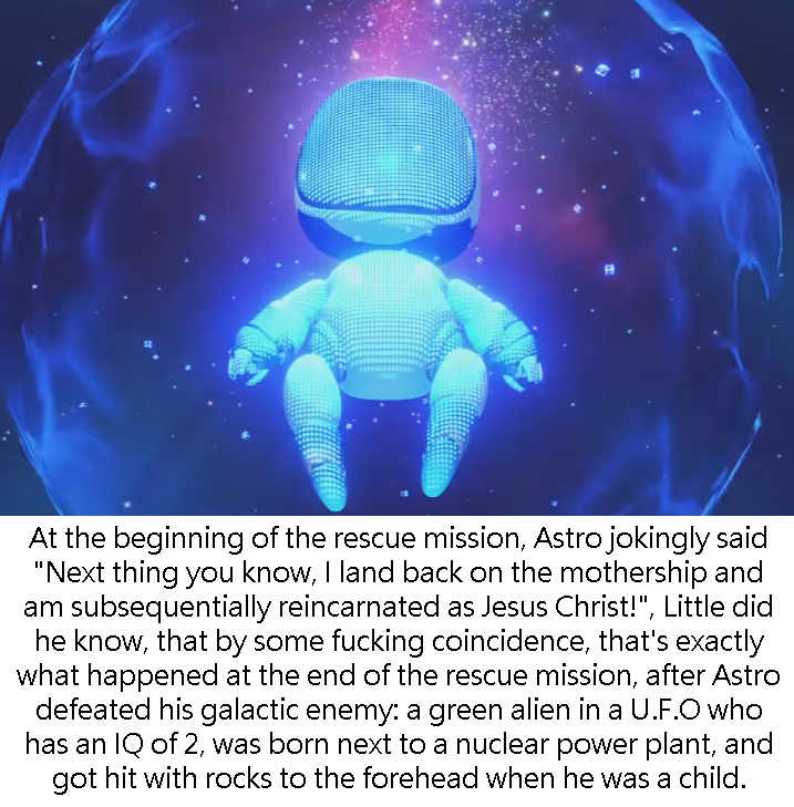 davidcanada21's tweet photo. to anyone who hasn't played astro bot yet, i'm very sorry for spoiling the ending for you (Note: This is not actually what happens at the end of the game) https://t.co/JhBKA7CVjf