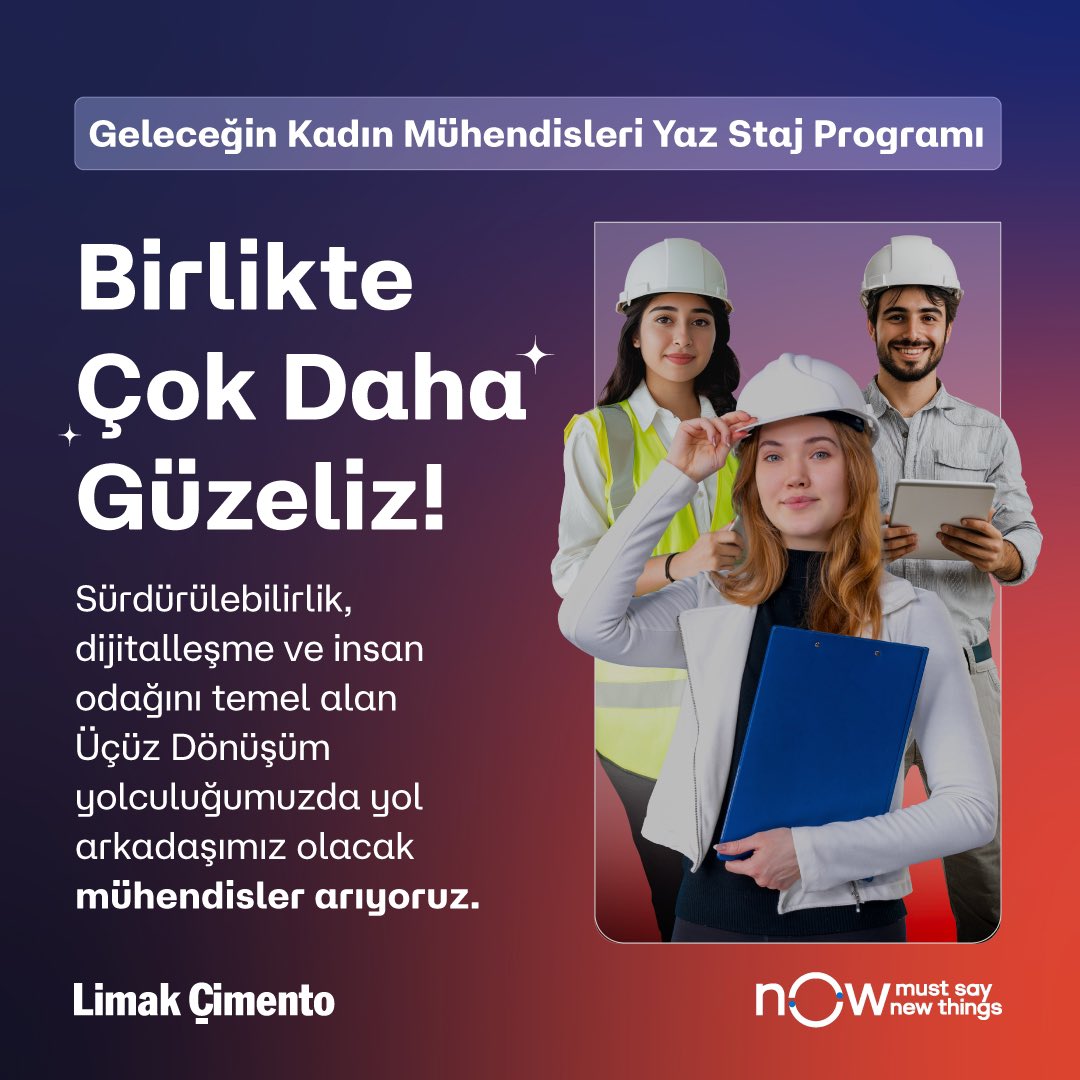 limakcement's tweet photo. Limak Çimento olarak, üretim sektöründe faaliyet gösteriyor ve güçlü sanayi ekosistemimizle sürdürülebilir bir gelecek inşa ediyoruz. Sürdürülebilirlik, dijitalleşme ve insan odağını temel alan Üçüz Dönüşüm yolculuğumuzda, mühendislik alanında genç yeteneklerin istihdamını artırmayı hedefliyoruz.

Bu kapsamda, Geleceğin Kadın Mühendisleri Staj Programı ile mühendislik alanında kariyer hedefleyen genç yeteneklere  Entegre Çimento Fabrikalarımızda ve Hazır Beton Tesislerimizde deneyim kazanma fırsatı sunuyoruz.

"Mevcut En İyi Teknikleri" benimseyerek, sektörde öncü adımlar atan ekibimizin bir parçası olmak ve kariyerine güçlü bir başlangıç yapmak istiyorsan, hemen başvur! https://t.co/Vhly281tH2 

#LimakÇimento #LimakCement