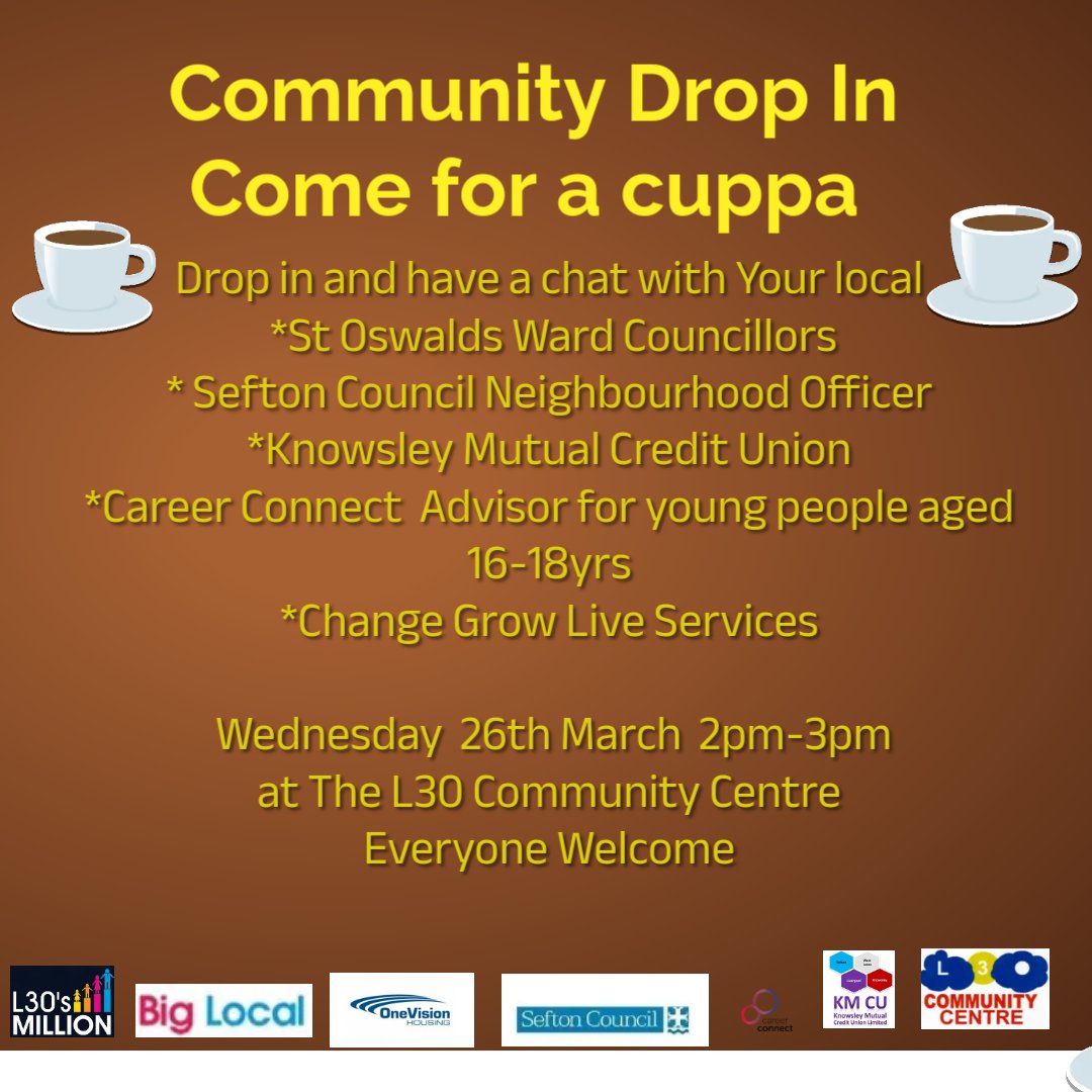 Wednesday 26th March - drop in to the L30 Community Centre for a cuppa and a chat!🫖
<a href="/L30Centre1998/">L30 Community Centre</a> 

#changegrowlive #cgl #recovery
