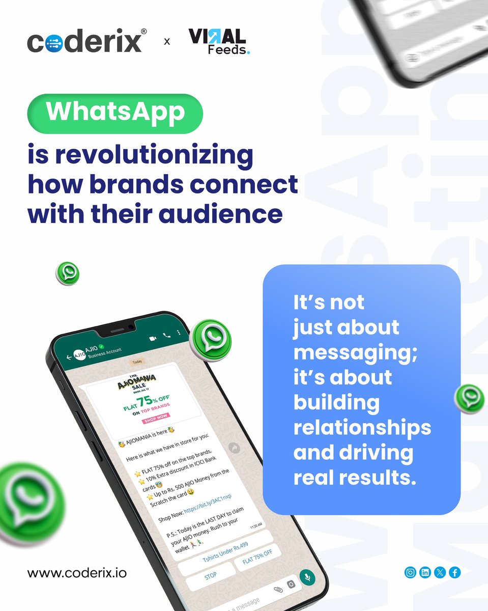 Coderixio's tweet photo. Transform the way you connect with your audience through the power of WhatsApp Marketing and drive results that are real with improved visibility.

Let Coderix help you convert leads and build lasting customer relationships with personalized messages. https://t.co/LvBAcx82vC