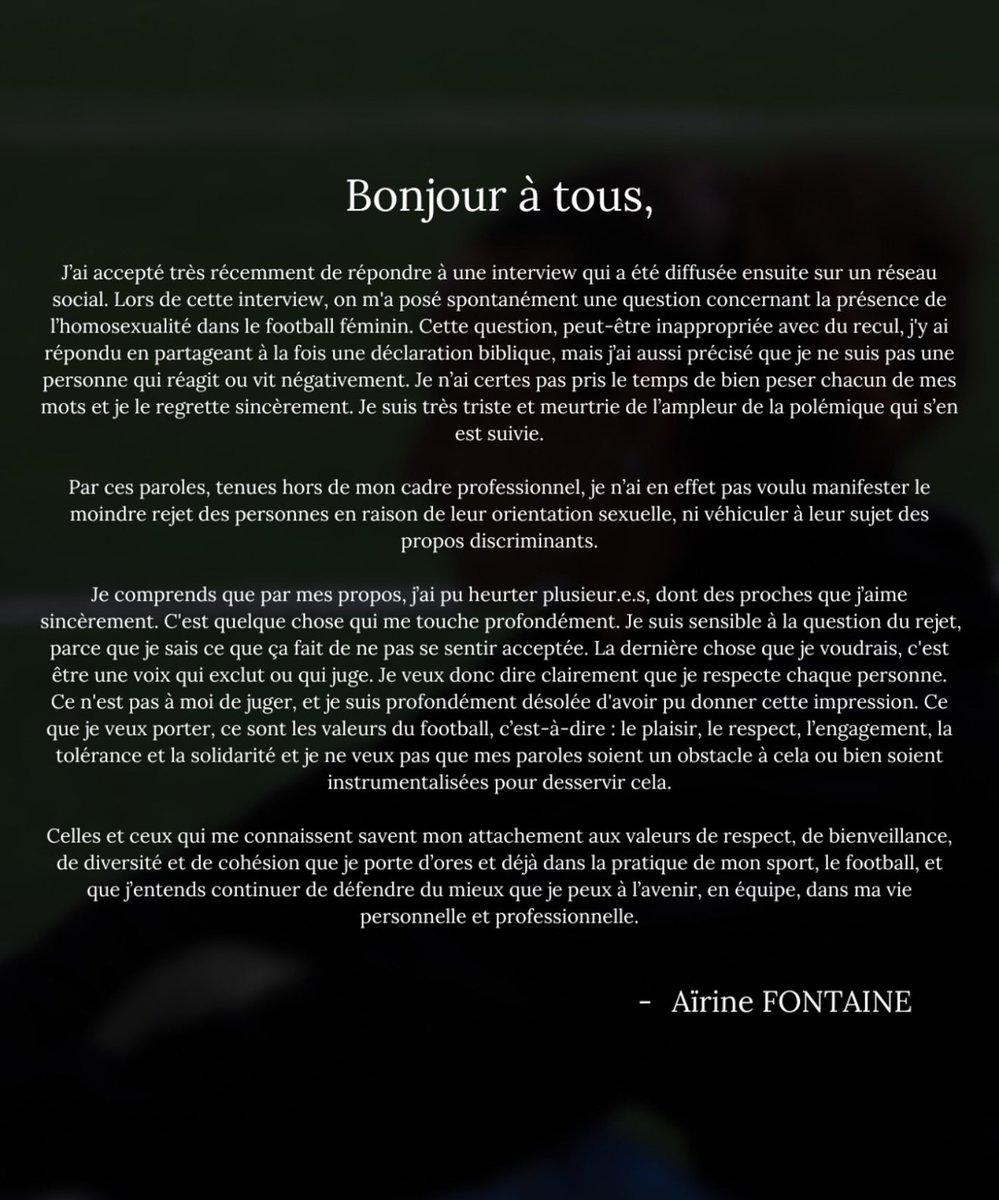 clem_reporter's tweet image. 𝐋𝐞 𝐜𝐨𝐦𝐦𝐮𝐧𝐢𝐪𝐮𝐞́ 𝐝’𝐀𝐢𝐫𝐢𝐧𝐞 𝐅𝐨𝐧𝐭𝐚𝐢𝐧𝐞 𝐚̀ 𝐥𝐚 𝐬𝐮𝐢𝐭𝐞 𝐝𝐞 𝐬𝐞𝐬 𝐩𝐫𝐨𝐩𝐨𝐬 𝐬𝐮𝐫 𝐥’𝐡𝐨𝐦𝐨𝐬𝐞𝐱𝐮𝐚𝐥𝐢𝐭𝐞́.

La jeune joueuse française confie « ne pas avoir pris le temps de bien peser chacun de ses mots » et « le regrette sincèrement »

(via…