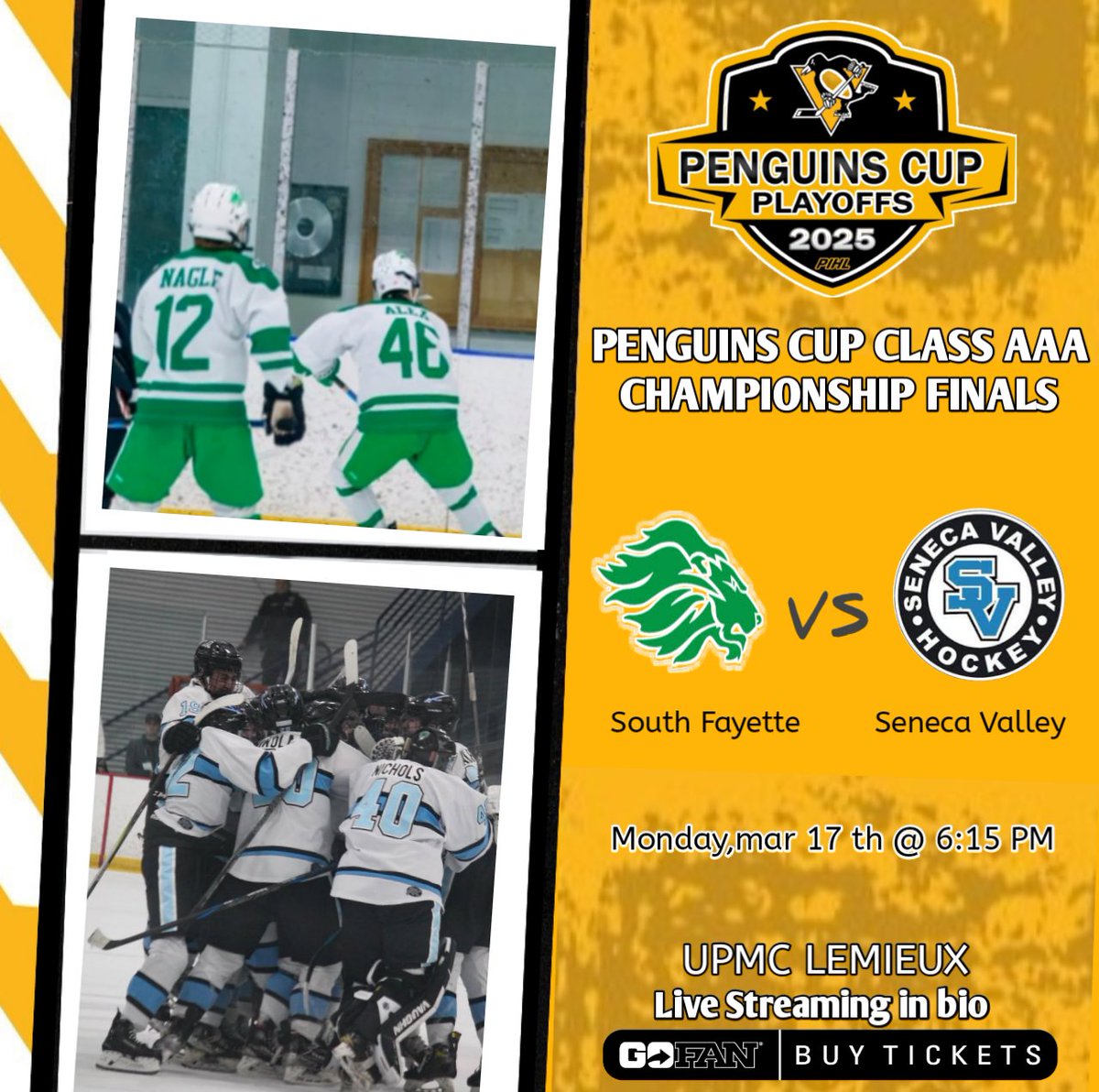 🏆 PENGUINS CUP CLASS AAA CHAMPIONSHIP FINALS
🏒 South Fayette vs Seneca Valley
📆 Monday,mar 17 th, 2025
⏰ 6:15 PM
📽️bit.ly/3IJNINe
<a href="/MrMesisca_PE/">Tyler Mesisca</a> <a href="/SV_Sports/">Seneca Valley Sports</a> <a href="/SVRaidersHockey/">SVRaidersHockey</a> <a href="/sflionssports/">South Fayette Sports</a> <a href="/SouthFayetteSD/">South Fayette Township School District</a>