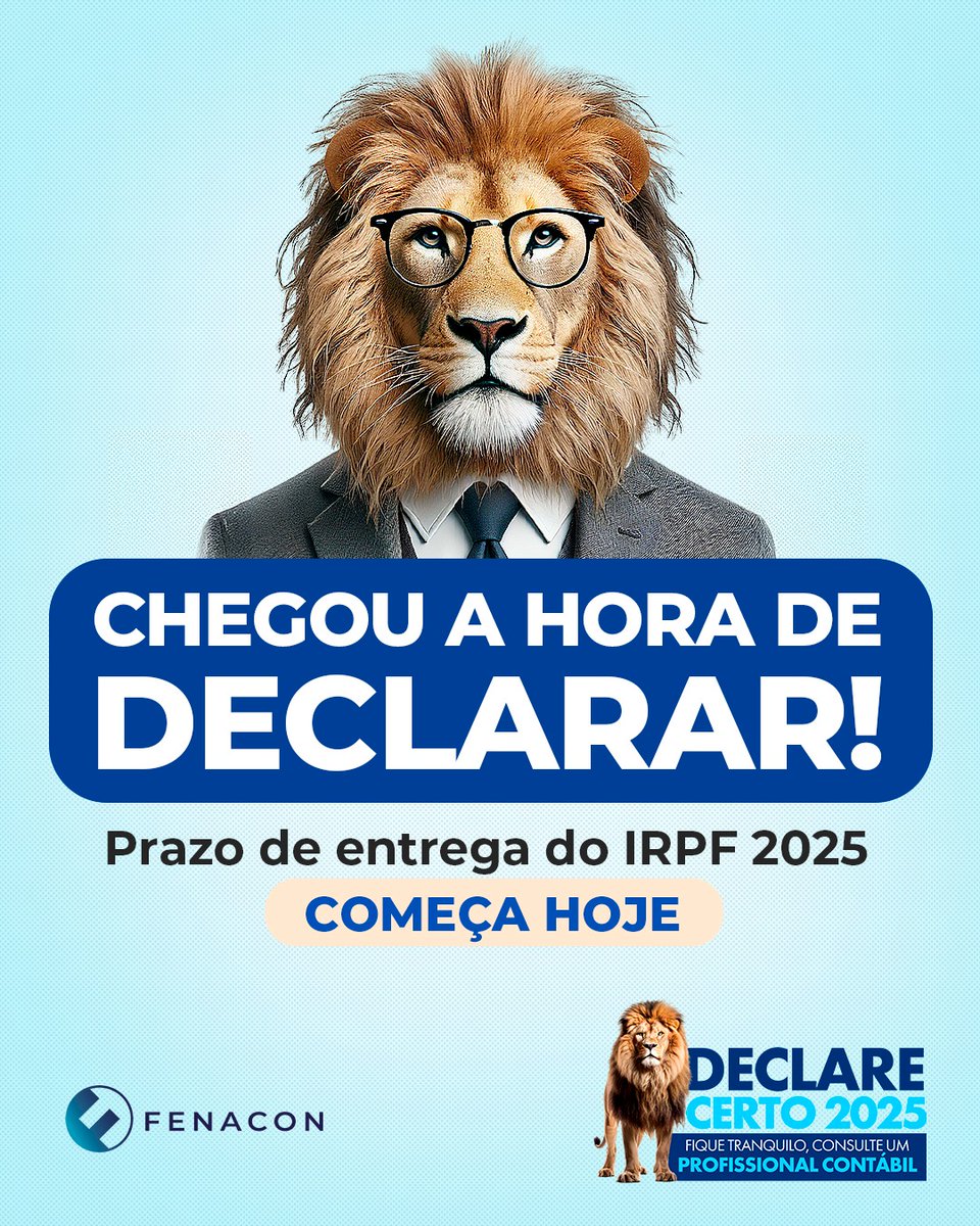 Fenaconfed's tweet photo. É hora de declarar! 📷

Para evitar problemas, conte com a orientação de um especialista: o contador.

LEMBRE-SE! A declaração pré-preenchida só ficará disponível em 1º de abril.

#fenacon #dirpf #irpf #imposto #declaraçao #receitafederal https://t.co/wym5tJ4j8M