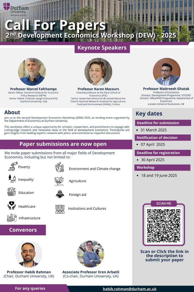 Eren Arbatli (@earbatli) on Twitter photo 📢 Call for Papers– 2nd Development Economics Workshop (DEW) 2025 at <a href="/DUBusSchool/">Durham University Business School</a> !
🗓️ 18-19 June 2025
📍 Durham University, UK
🎤 Keynotes: Marcel Fafchamps, Karen Macours, Maitreesh Ghatak (<a href="/maitreesh/">Maitreesh Ghatak</a>) 📢 Call for Papers– 2nd Development Economics Workshop (DEW) 2025 at <a href="/DUBusSchool/">Durham University Business School</a> !
🗓️ 18-19 June 2025
📍 Durham University, UK
🎤 Keynotes: Marcel Fafchamps, Karen Macours, Maitreesh Ghatak (<a href="/maitreesh/">Maitreesh Ghatak</a>)