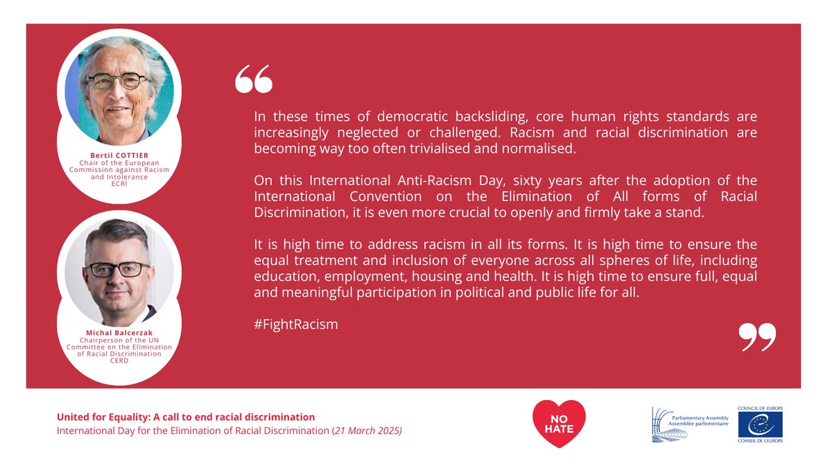 PACE_News's tweet photo. As Anti-Racism Week begins, we at PACE believe it's #hightime to put an END to racial discrimination!
In the first of a series of posts running all week, the heads of @ECRI_CoE and the UN Anti-Discrimination Committee demand action... 1 of 5.
#LetsEndIt
#FightRacism https://t.co/8NKoWtFpgT
