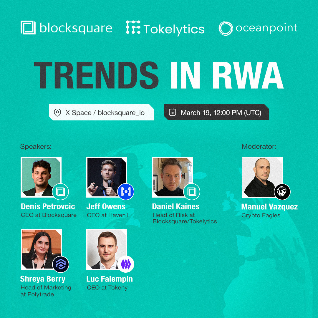 Ladies &amp; Gents, this is the ultimate #RWA Trends AMA you’ve been waiting for!

Join @Blocksquare_io, <a href="/Haven1official/">Haven1 🧑‍🚀</a>, <a href="/Polytrade_fin/">Polytrade</a>, <a href="/TokenySolutions/">Tokeny</a>, &amp; <a href="/Tokelytics/">Tokelytics</a> <a href="/CryptoProject6/">Crypto Eagles</a> as they explore the latest trends in real-world asset tokenization.

📅 March 19th, 2025.
🕛 12 PM