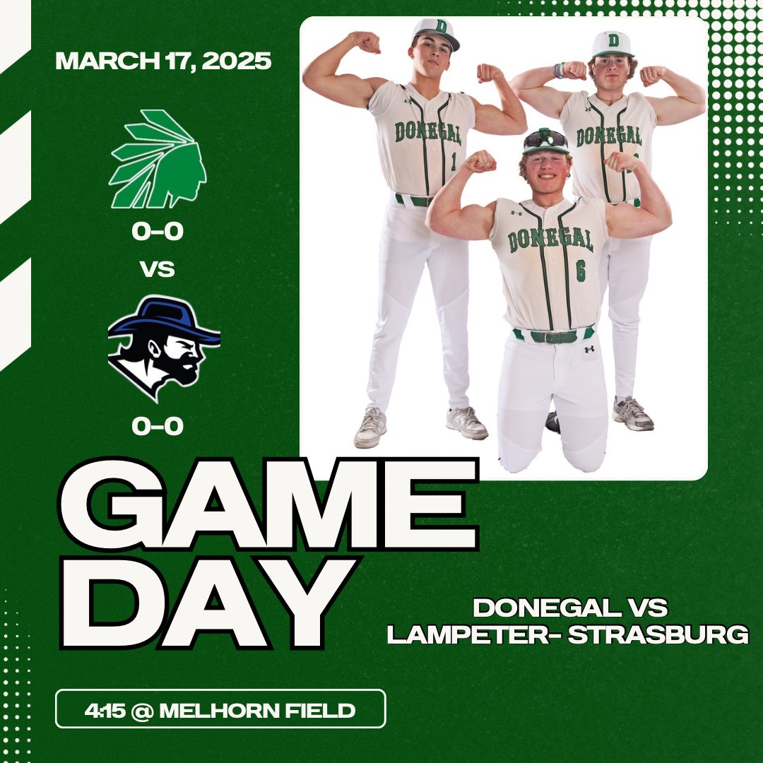 ⚾️ GAME DAY SEASON OPENER⚾️
📍 Melhorn Field 
⏰ 4:15 
🥨 Concessions will be open! 
📣Let’s Go Donegal 
#prideinthetribe #donegalbaseball #StPatricksDay2025