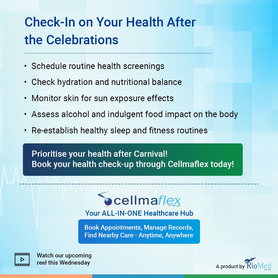 RioMed's tweet image. The Carnival may be over, but your health should still be a priority! Regular check-ups keep you in top shape, and post-Carnival screenings help you recover from all the festivities.

Book your appointment today: cellmaflex.com/CellmaFlex/aut…

#HealthCheckUp #RegularCheckUp