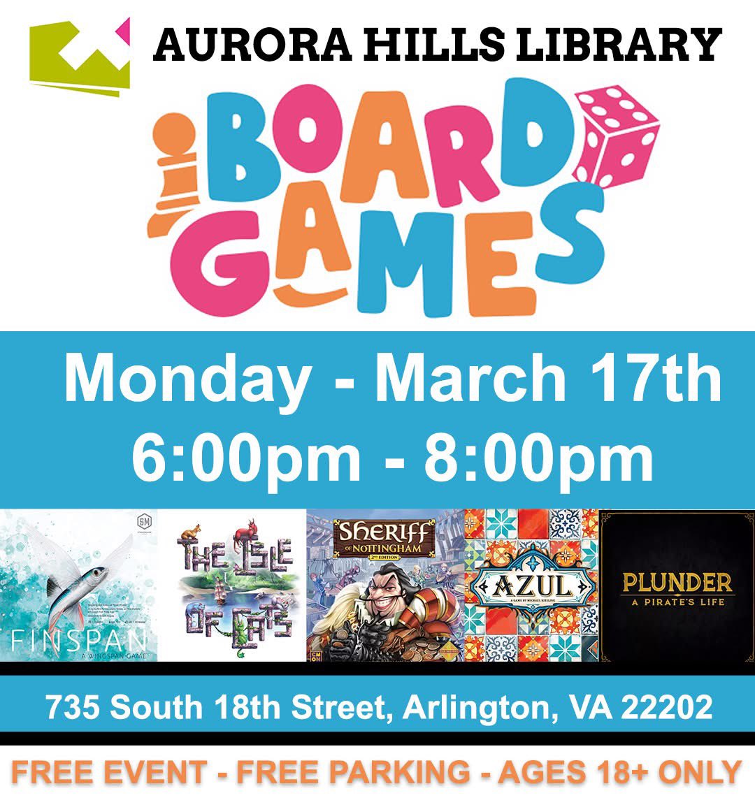 NOVA BoardGame Group (@novaboardgame) on Twitter photo Board Game Night at Aurora Hills Library from 6pm to 8pm - Ages 18+ only. #NoVa #arlingtonva <a href="/ArlingtonVALib/">Arlington VA Pub Lib</a> <a href="/ilovearlingtonv/">I Love Arlington VA</a> Board Game Night at Aurora Hills Library from 6pm to 8pm - Ages 18+ only. #NoVa #arlingtonva <a href="/ArlingtonVALib/">Arlington VA Pub Lib</a> <a href="/ilovearlingtonv/">I Love Arlington VA</a>