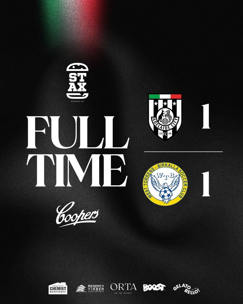FULL TIME 🦓 

Adelaide City 1 - 1 West Torrens Birkalla
Goals: Kitano

⚫️⚪️

#ThisIsOurCity