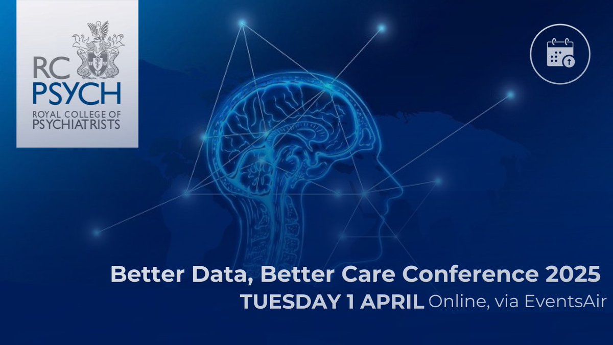 Royal College of Psychiatrists (@rcpsych) on Twitter photo With only 1 week to go until the <a href="/rcpsych/">Royal College of Psychiatrists</a> Better Data, Better Care Conference, make sure to book your place today. We have a fantastic line-up of speakers and talks. Watch live or on-demand for 12 weeks
Register now: bit.ly/4gAq67q
<a href="/ITDocPaul/">Paul Bradley</a>
<a href="/Nye_Ndebele/">Dr Faith Ndebele</a>
#rcpsychdata25 With only 1 week to go until the <a href="/rcpsych/">Royal College of Psychiatrists</a> Better Data, Better Care Conference, make sure to book your place today. We have a fantastic line-up of speakers and talks. Watch live or on-demand for 12 weeks
Register now: bit.ly/4gAq67q
<a href="/ITDocPaul/">Paul Bradley</a>
<a href="/Nye_Ndebele/">Dr Faith Ndebele</a>
#rcpsychdata25