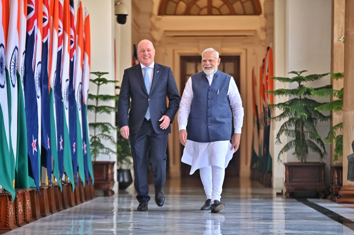 narendramodi's tweet image. It is a matter of immense joy to be welcoming Prime Minister Christopher Luxon to Delhi. It is equally gladdening that such a youthful, dynamic and energetic leader will be the Chief Guest at this year’s Raisina Dialogue. We had wide ranging talks earlier today, covering all…