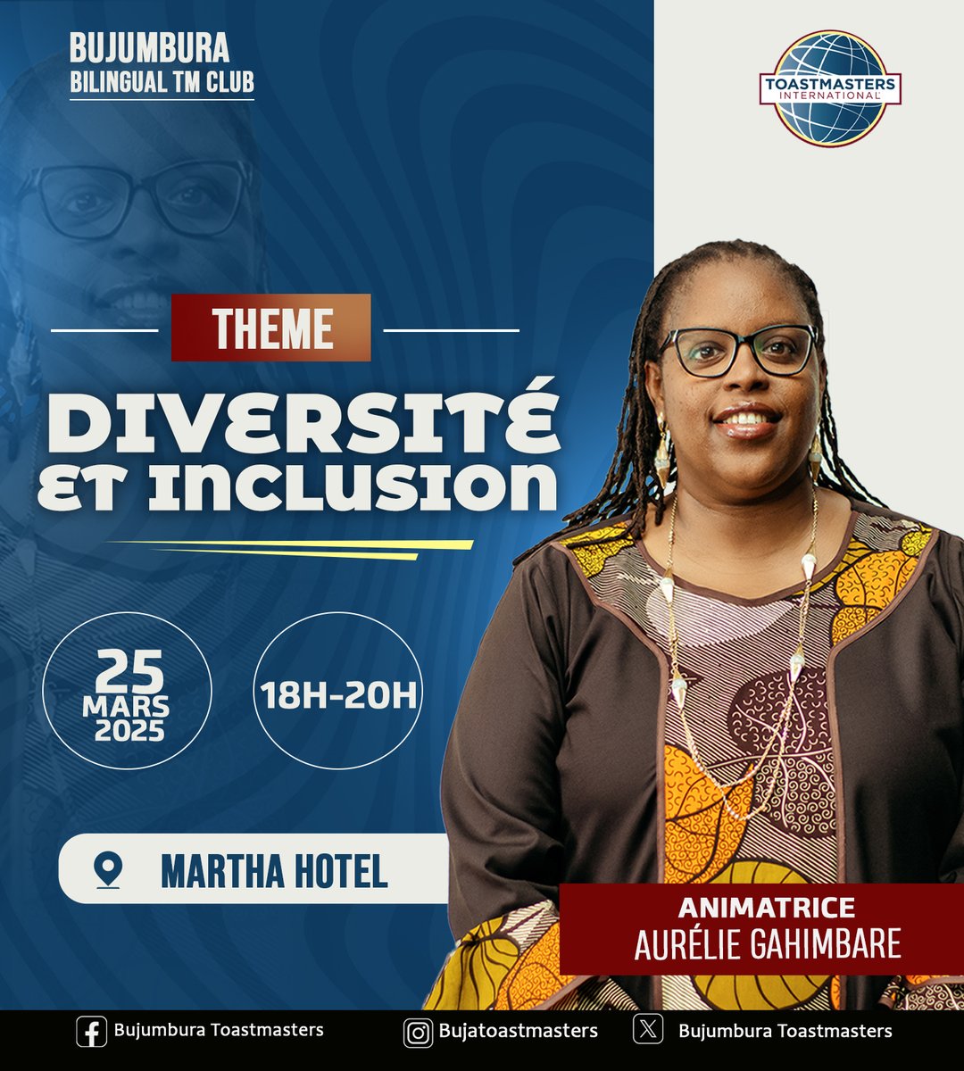 💡 La diversité est un fait, l’inclusion est un choix. S’entourer de différences, c’est bien. Travailler ensemble sans distinction, c’est mieux.

Rejoignez-nous pour une soirée instructive et inclusive avec le Club Toastmasters Bujumbura ! #Diversité #Inclusion #Toastmasters