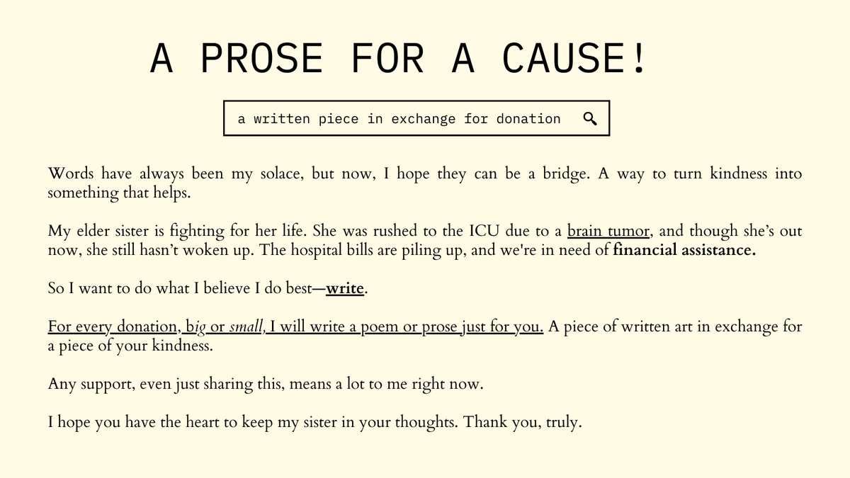 jmjrina's tweet photo. A PROSE FOR A CAUSE

any support, even just sharing this post, means a lot to me right now.  

just sign up here: https://t.co/IZZvvjwqsf https://t.co/1yIj2EVnlY