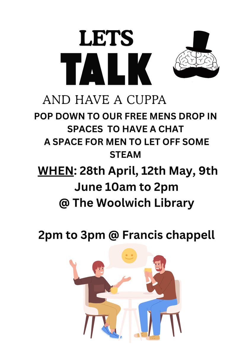 From the end of April, we will have a community and wellbeing space for men to pop in and have a chat + refreshments! Our first date is the 28th April, we will be looking forward to seeing everyone there! <a href="/GreenwichLibs/">Royal Greenwich Libraries</a> <a href="/Royal_Greenwich/">Royal Borough of Greenwich</a> <a href="/Better_UK/">Better</a> #LoveYourLibrary