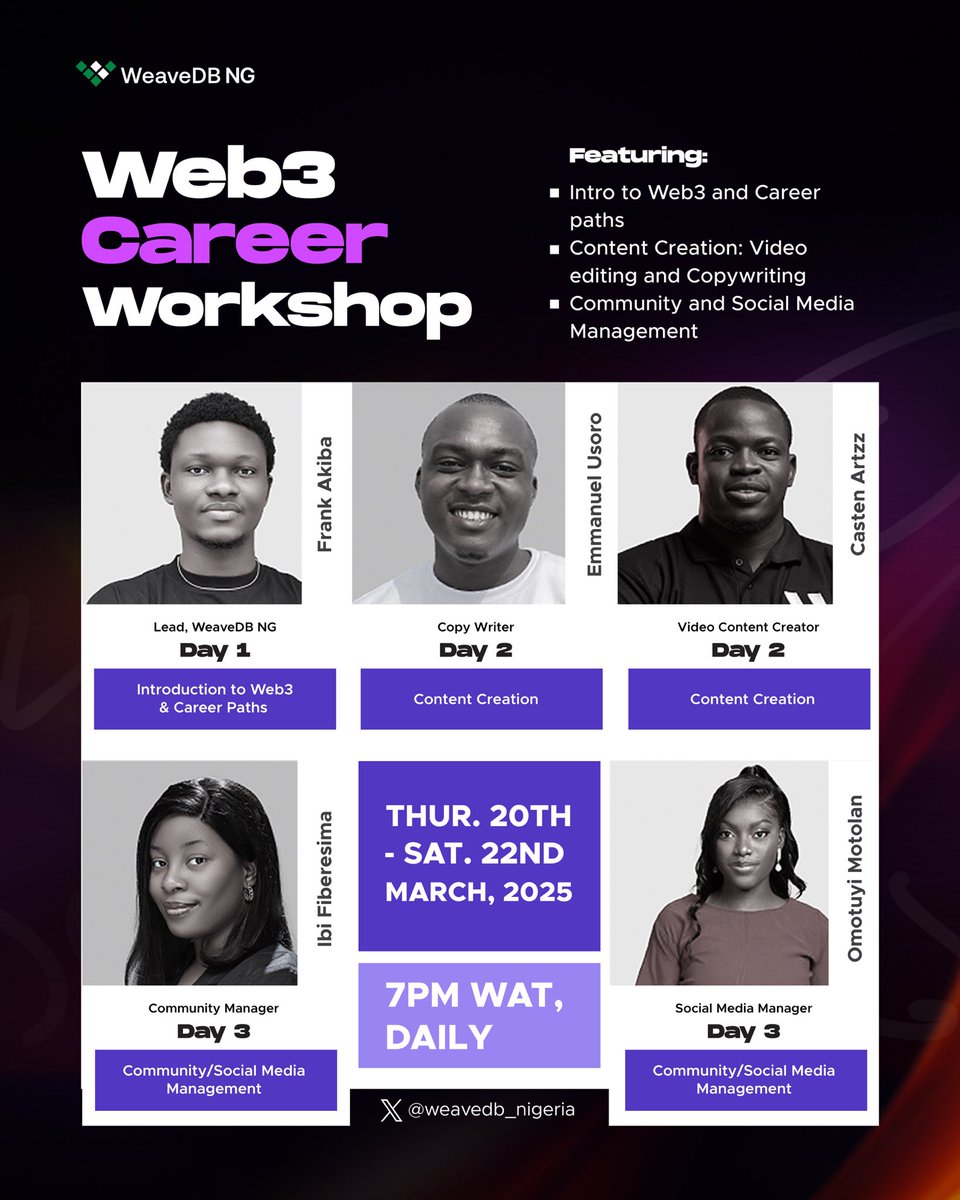 Presenting a 3 days Community Empowerment program tagged “Web3 Career Workshop”  🔥

📍 Featuring: 
• Introduction to Web3 tech &amp; career paths 
• ⁠Community/Social Media management
• ⁠Content creation 

Anchoring these sessions are seasoned experts: <a href="/0x_tee01/">Tee.eth</a> , <a href="/fibibakes/">Ibi Fiberesima (Fibi)</a> ,