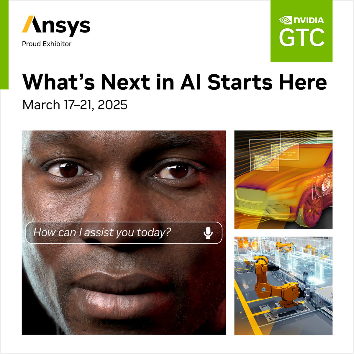 It's time for #GTC25! Ansys and @NVIDIA are driving groundbreaking advancements with the combined power of simulation and AI.

Join our sessions March 17-21 at booth 224 or virtually to learn more about:
💡 GPU-Accelerated Simulation
💡 Omniverse and Digital Twins
💡 AI and