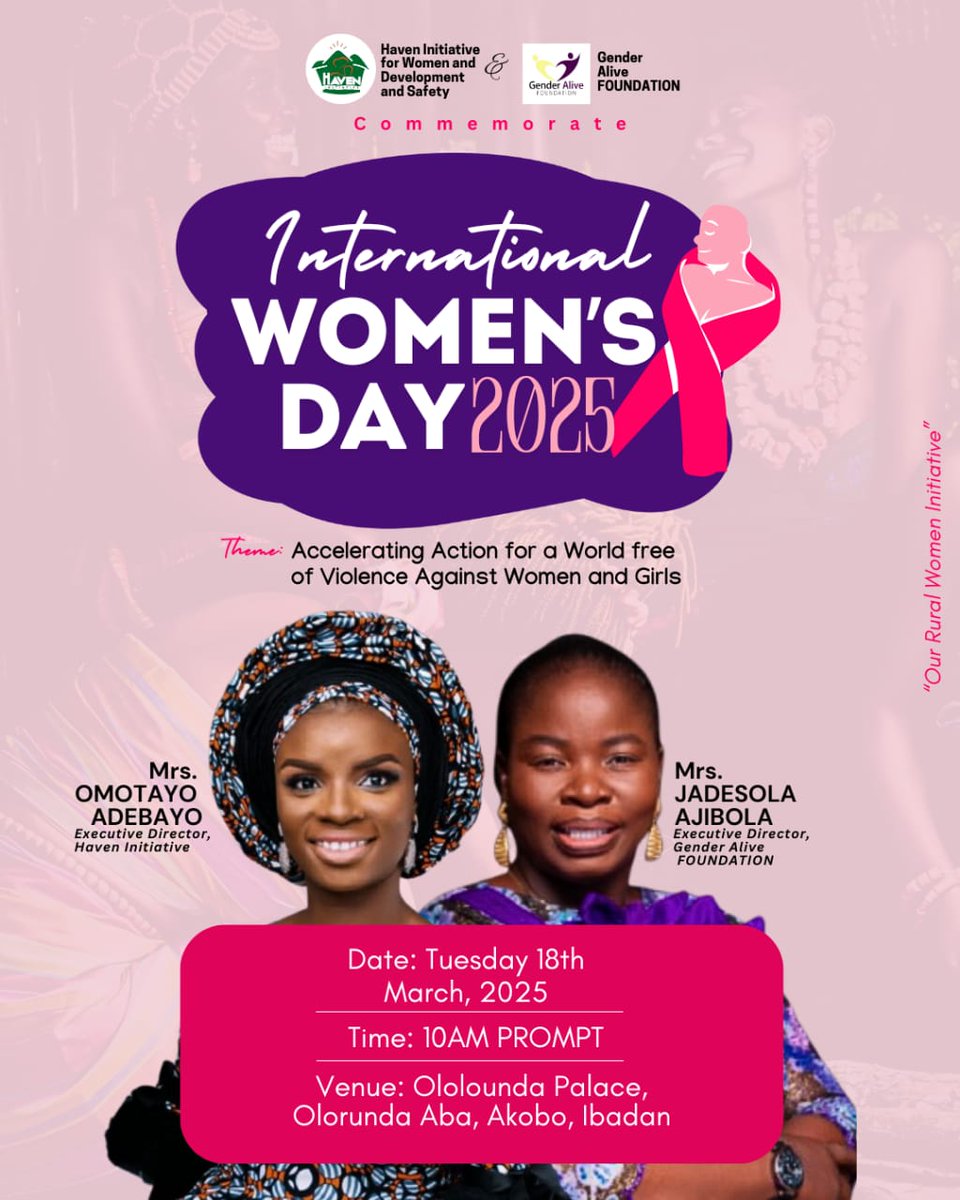 havenintiative's tweet photo. Join us as we commemorate International Women's Day with the wonderful community of Olorunda, in partnership with Gender Alive Foundation. 
Accelerating Action for a World Free of Violence Against Women and Girls
#InternationalWomensDay #IWD2025 #AcceleratingAction #OneVoice https://t.co/rvIva6xlsT