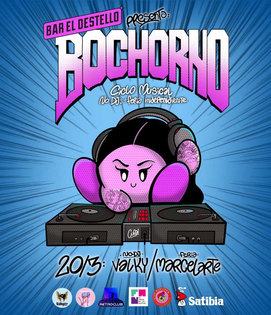 Este jueves vuelve BOCHORNO, el ciclo musical de no-DJs a <a href="/bareldestello/">Bar El Destello</a>. Arrancamos con Valky (<a href="/waifupopular/">Valky</a>) y feria de MarcelArte. Todos los jueves, un no-DJ y feria independiente + arcades gratis. Desde las 20 en Gascón 1460. Flyer x <a href="/cupailustra/">Cupa</a> 👽